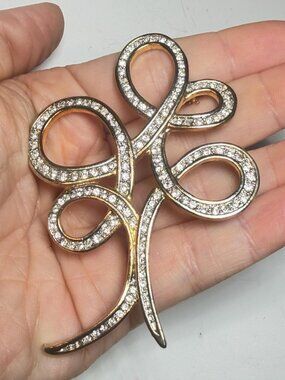 Rhinestone Swirl Brooch Openwork Gold Tone Statement Brooch 3 inches
